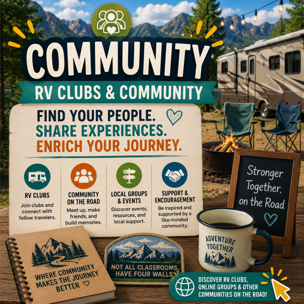 Colorful thumbnail graphic showing RV campsite with text about community, RV clubs, and connecting with roadschooling families on the road