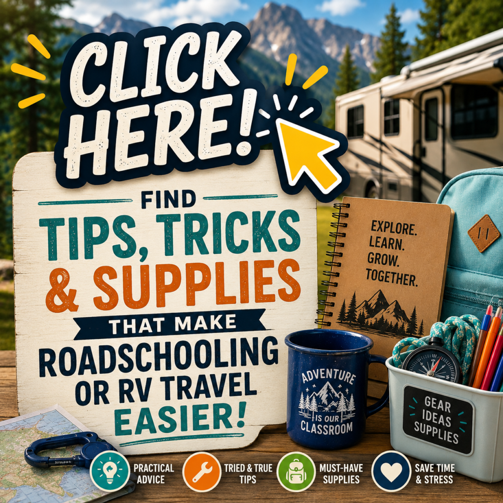 Thumbnail graphic with RV campsite and wooden sign reading “Click Here to find tips, tricks and supplies that make roadschooling or RV travel easier