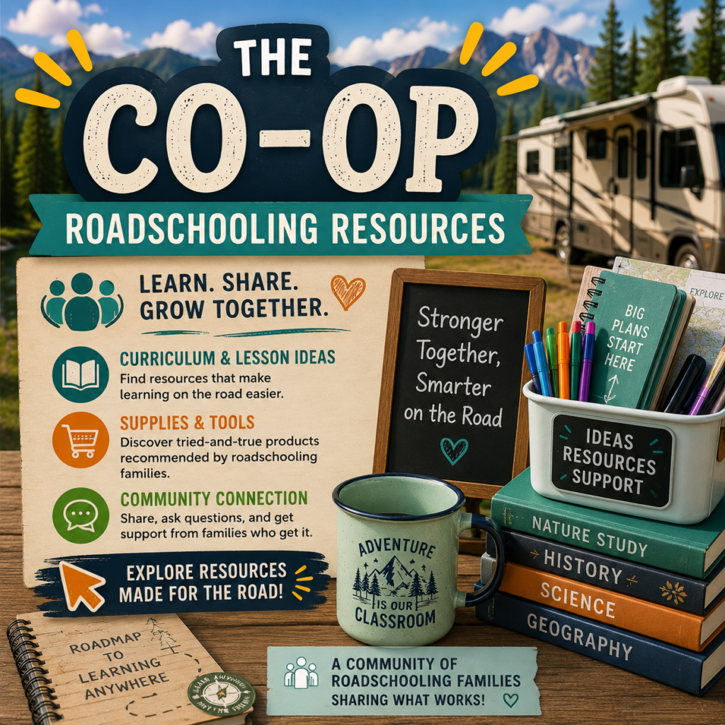 Roadschool co-op graphic featuring RV campsite, books, and supplies highlighting curriculum ideas, tools, and community resources for roadschooling families