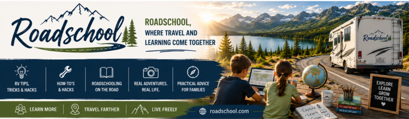 Family roadschooling beside an RV in the mountains, learning outdoors with laptops, showcasing RV travel tips, hacks, and education on the road