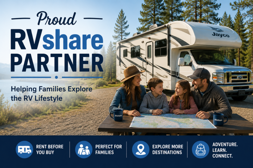 RVshare Partner family enjoying RV travel while planning an adventure beside a motorhome in a scenic campground.